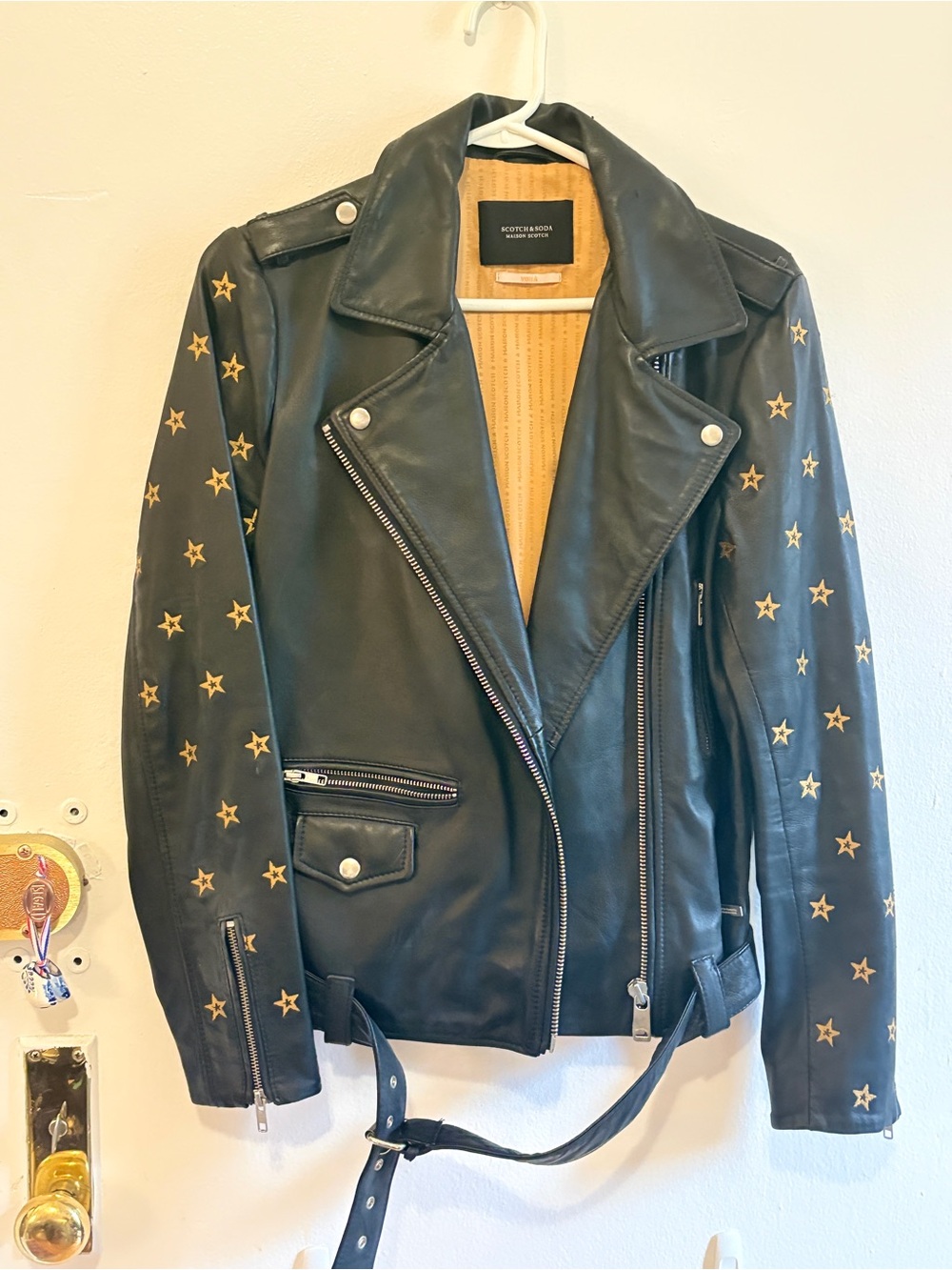 Scotch & Soda Black Leather Star-Embroidered Moto Jacket Medium